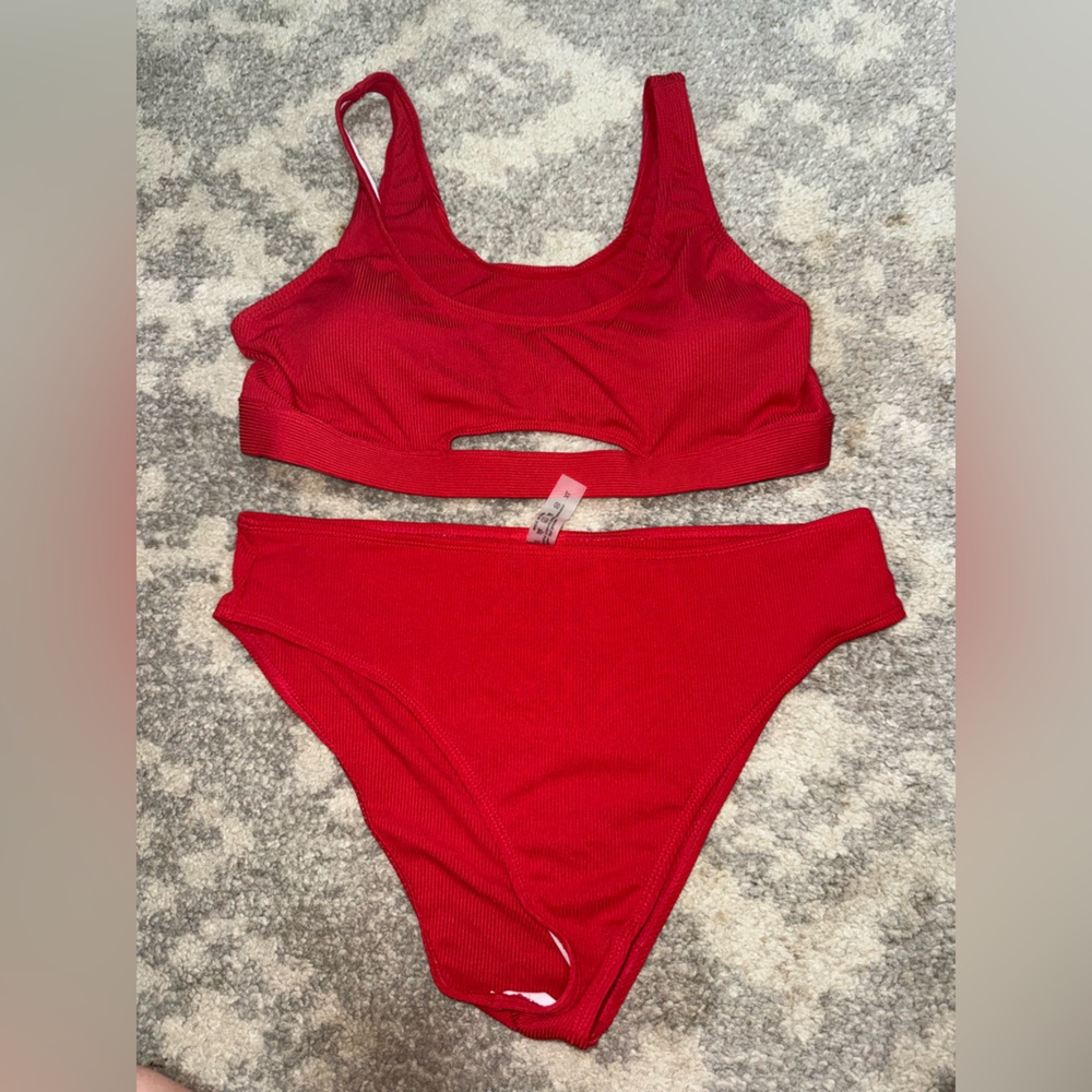 Red High Waisted Bikini Set Size XL Peek-a-Boo Underboob